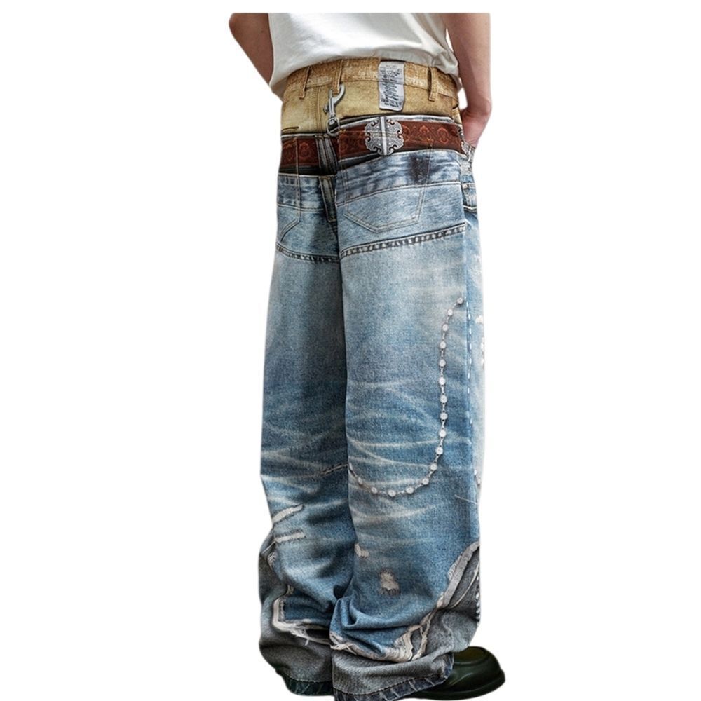 3169 NWT YADcrew丨3D Waistband Print Loose Fit Denim Jeans Sz Small - Picture 2 of 14